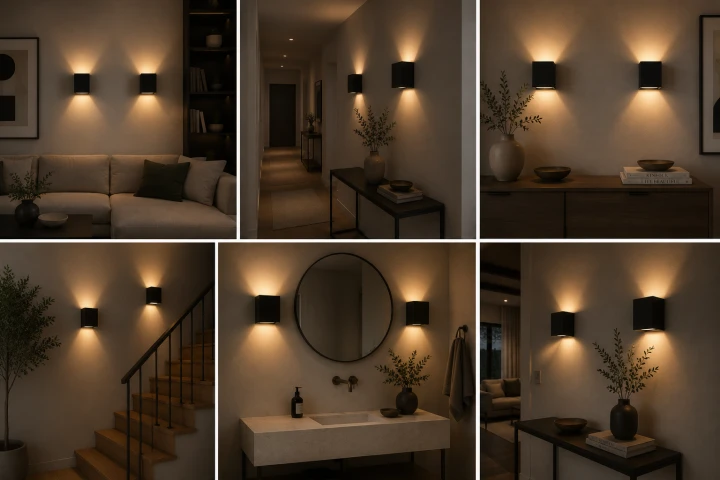 Zestaw Czarny Kinkiet oświetlenie LED CUBOX lampa ścienna do korytarza i salonu 10x10 cm