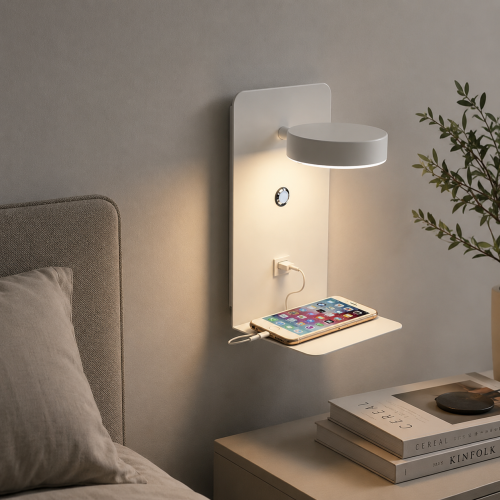 Kinkiet LED Biały NEXDOCK z Półką i USB Lampka Nocna Nad Łóżko Ładowanie Telefonu