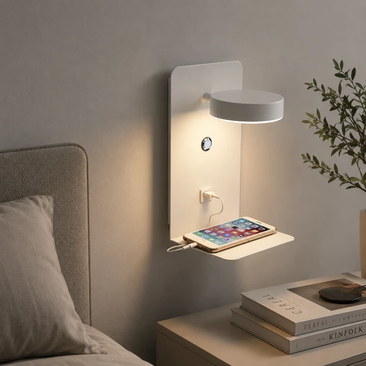 Kinkiet LED Biały NEXDOCK z Półką i USB Lampka Nocna Nad Łóżko Ładowanie Telefonu