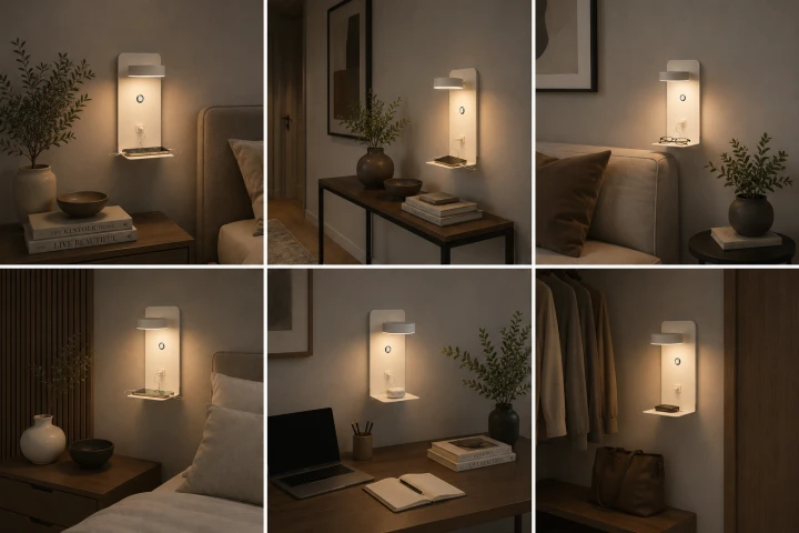 Kinkiet LED Biały NEXDOCK z Półką i USB Lampka Nocna Nad Łóżko Ładowanie Telefonu