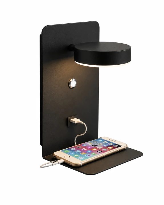 Kinkiet LED Czarny NEXDOCK z Półką i USB Lampka Nocna Nad Łóżko Ładowanie Telefonu