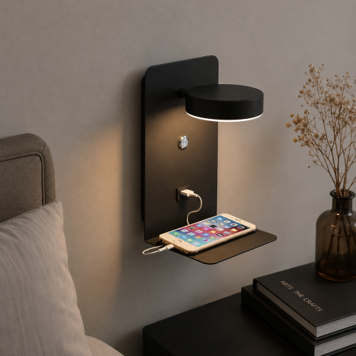Kinkiet LED Czarny NEXDOCK z Półką i USB Lampka Nocna Nad Łóżko Ładowanie Telefonu