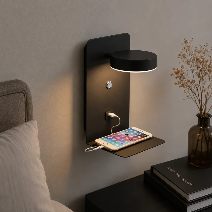 Kinkiet LED Czarny NEXDOCK z Półką i USB Lampka Nocna Nad Łóżko Ładowanie Telefonu