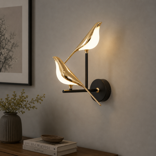 Designerski Kinkiet LED 2x Złoty Ptak Avis Duo Podwójna Lampa Ścienna Czarno-Złota 38 CM