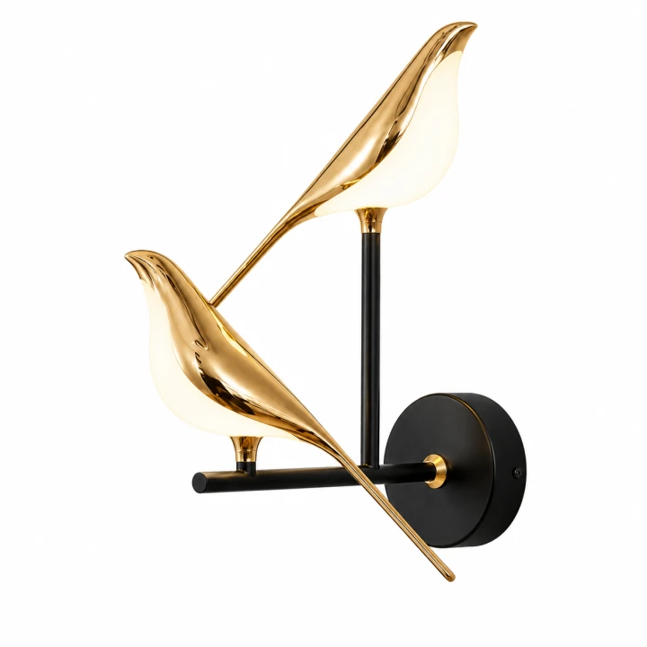 Designerski Kinkiet LED 2x Złoty Ptak Avis Duo Podwójna Lampa Ścienna Czarno-Złota 38 CM