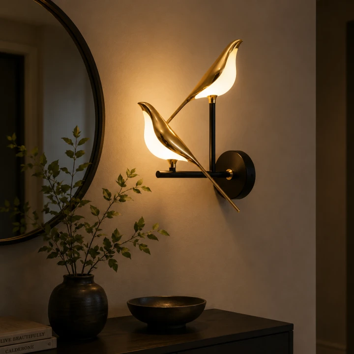 Designerski Kinkiet LED 2x Złoty Ptak Avis Duo Podwójna Lampa Ścienna Czarno-Złota 38 CM