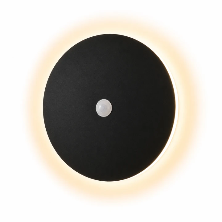Kinkiet LED z Czujnikiem Ruchu Czarny Eclipse Sensor Okrągła Lampa Ścienna Loft z Efektem Łuny