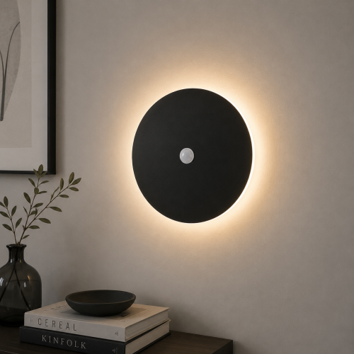 Kinkiet LED z Czujnikiem Ruchu Czarny Eclipse Sensor Okrągła Lampa Ścienna Loft z Efektem Łuny