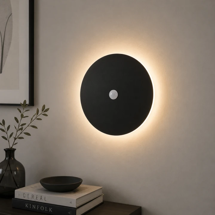 Kinkiet LED z Czujnikiem Ruchu Czarny Eclipse Sensor Okrągła Lampa Ścienna Loft z Efektem Łuny