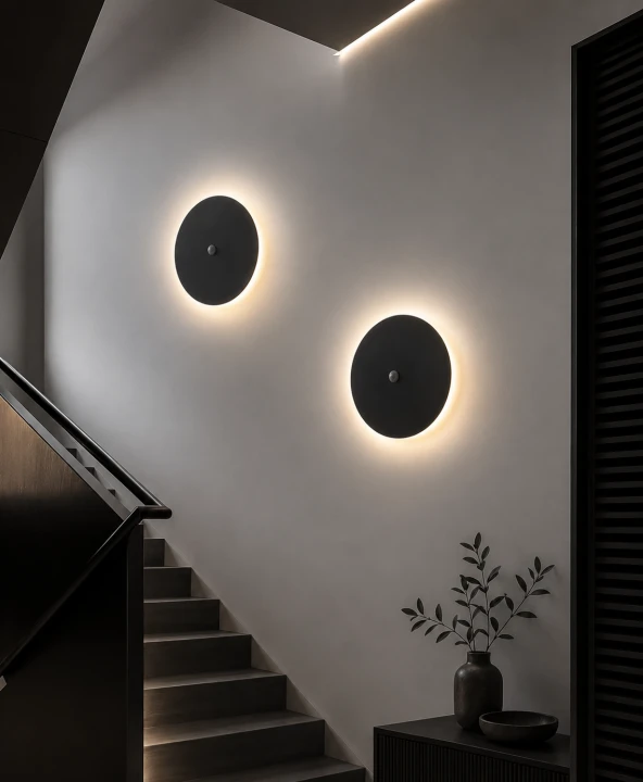 Kinkiet LED z Czujnikiem Ruchu Czarny Eclipse Sensor Okrągła Lampa Ścienna Loft z Efektem Łuny