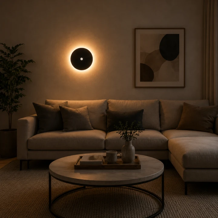 Kinkiet LED z Czujnikiem Ruchu Czarny Eclipse Sensor Okrągła Lampa Ścienna Loft z Efektem Łuny