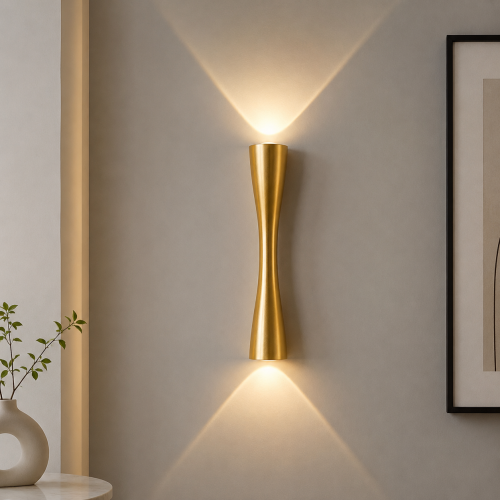 Złoty Kinkiet LED Góra-Dół Hourglass Gold Smukła Lampa Ścienna Klepsydra Glamour