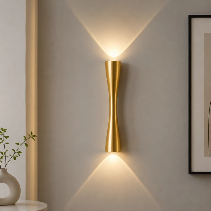 Złoty Kinkiet LED Góra-Dół Hourglass Gold Smukła Lampa Ścienna Klepsydra Glamour