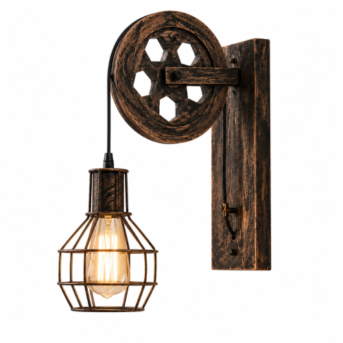 Kinkiet Loft Industrialny Pulley Wheel Lampa Ścienna z Kołem Pasowym i Koszykiem Retro