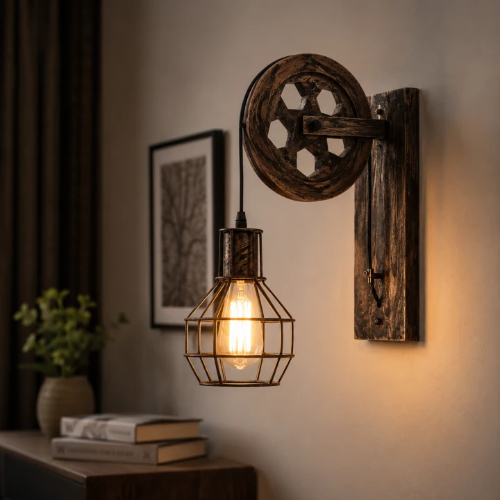 Kinkiet Loft Industrialny Pulley Wheel Lampa Ścienna z Kołem Pasowym i Koszykiem Retro
