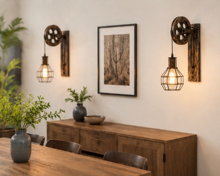 Kinkiet Loft Industrialny Pulley Wheel Lampa Ścienna z Kołem Pasowym i Koszykiem Retro