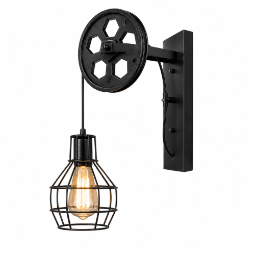 Kinkiet Loft Industrialny Czarny Pulley Black Lampa Ścienna z Kołem Pasowym i Koszykiem Retro