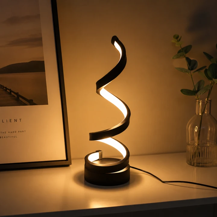 Designerska Lampa Stołowa LED Czarna Twist Glow Lampka Nocna Spiralna Wstęga