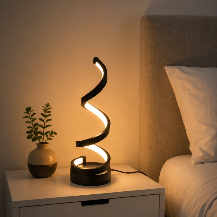 Designerska Lampa Stołowa LED Czarna Twist Glow Lampka Nocna Spiralna Wstęga