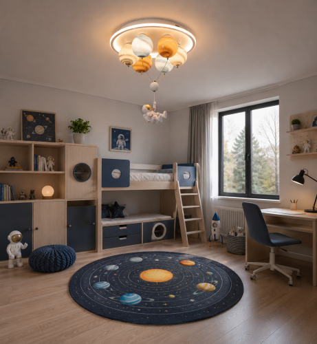 Lampa Dziecięca LED Astro Balloon Plafon Astronauta na Balonie z Planet 3 Barwy Światła
