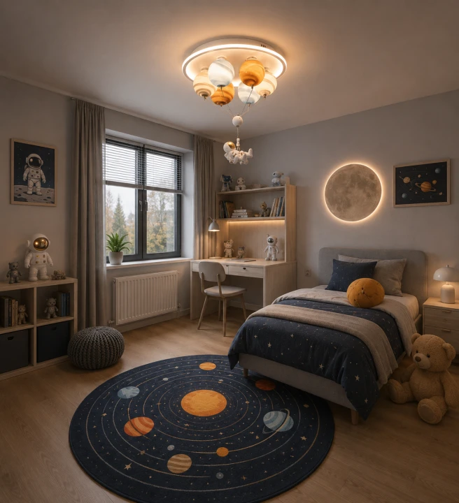 Lampa Dziecięca LED Astro Balloon Plafon Astronauta na Balonie z Planet 3 Barwy Światła