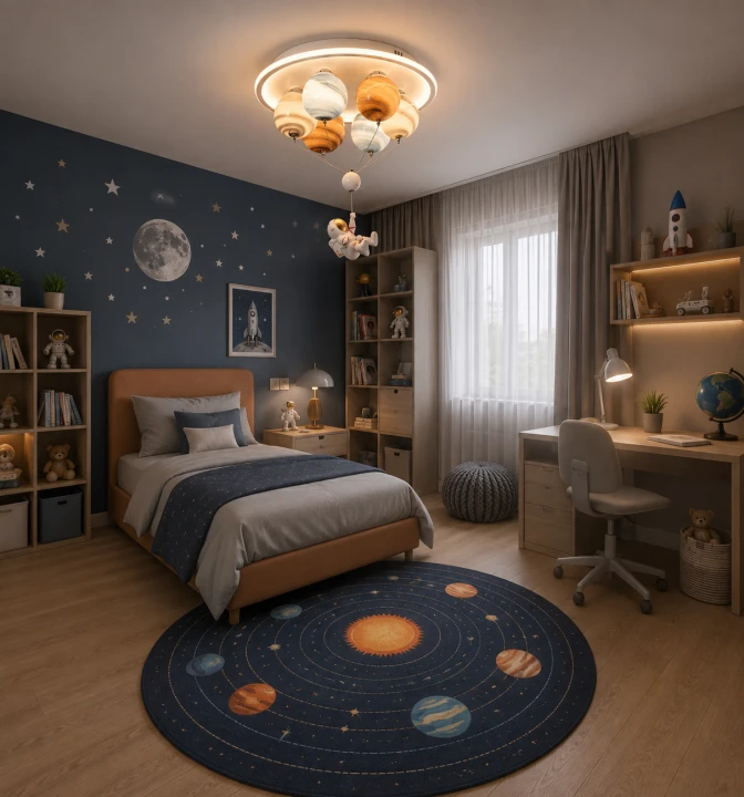 Lampa Dziecięca LED Astro Balloon Plafon Astronauta na Balonie z Planet 3 Barwy Światła