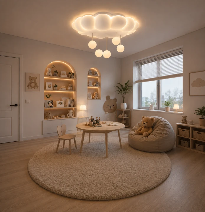 Lampa Dziecięca LED Fluffy Cloud Plafon Chmurka 3D z Wiszącymi Kulkami + Pilot