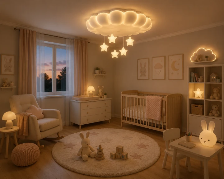 Lampa Dziecięca LED Fluffy Star Plafon Chmurka 3D z Wiszącymi Gwiazdkami + Pilot