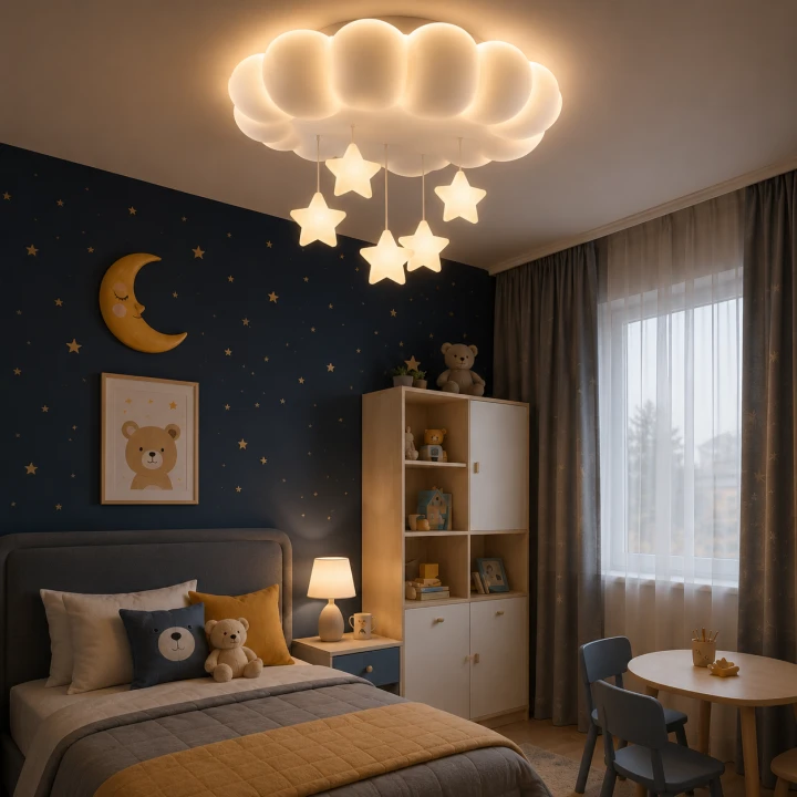 Lampa Dziecięca LED Fluffy Star Plafon Chmurka 3D z Wiszącymi Gwiazdkami + Pilot
