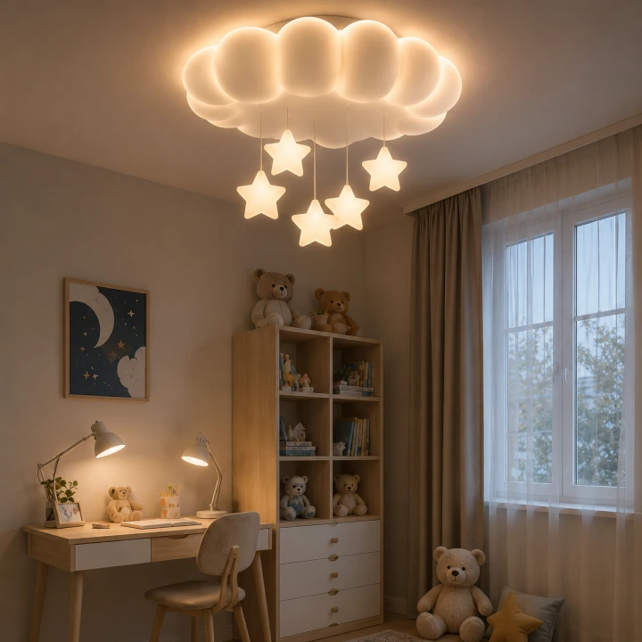 Lampa Dziecięca LED Fluffy Star Plafon Chmurka 3D z Wiszącymi Gwiazdkami + Pilot