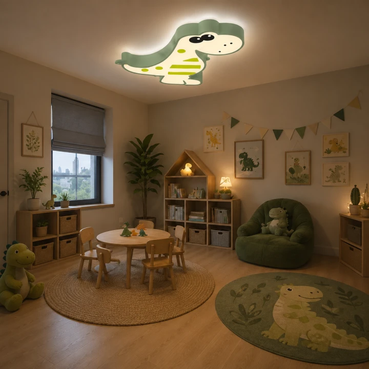 Lampa Dziecięca LED Dino Rex Plafon Sufitowy Zielony Dinozaur 3D do Pokoju Dziecka