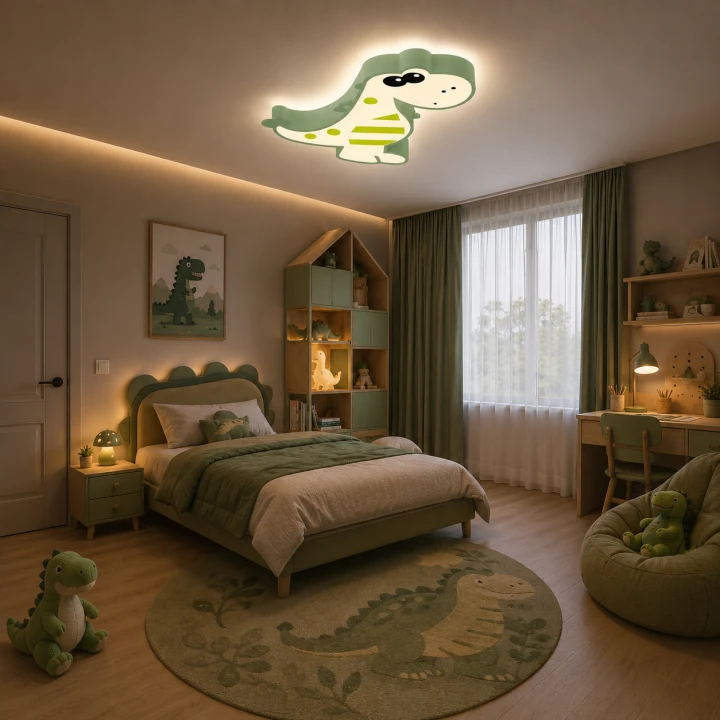Lampa Dziecięca LED Dino Rex Plafon Sufitowy Zielony Dinozaur 3D do Pokoju Dziecka