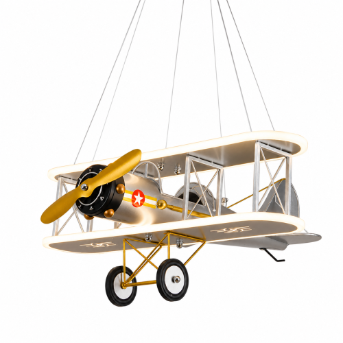 Lampa Dziecięca LED Retro Aviator Żyrandol Wiszący Srebrny Dwupłatowiec 3D + Pilot