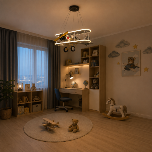 Lampa Dziecięca LED Retro Aviator Żyrandol Wiszący Srebrny Dwupłatowiec 3D + Pilot