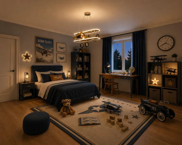 Lampa Dziecięca LED Retro Aviator Żyrandol Wiszący Srebrny Dwupłatowiec 3D + Pilot
