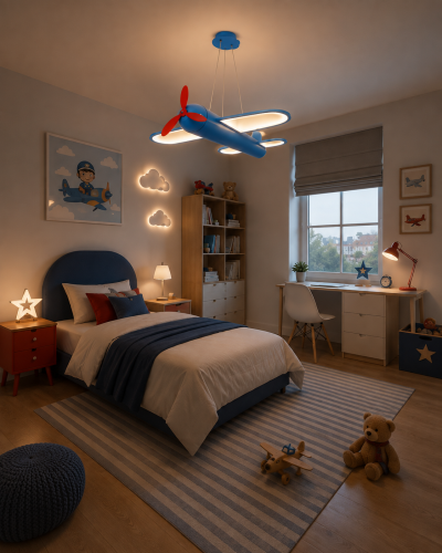 Lampa Wisząca LED Sky Runner 42W Żyrandol Dziecięcy Niebieski Samolot 3D z Czerwonym Śmigłem + Pilot