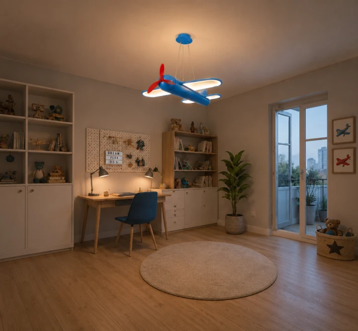 Lampa Wisząca LED Sky Runner 42W Żyrandol Dziecięcy Niebieski Samolot 3D z Czerwonym Śmigłem + Pilot
