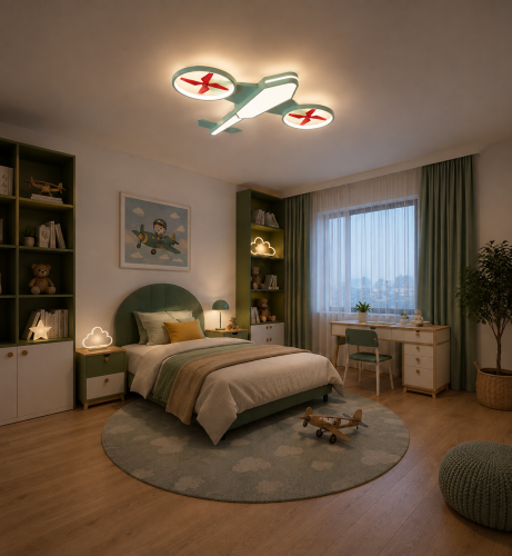 Lampa Dziecięca LED AeroDrone 3D Plafon Sufitowy Zielony Dron z Czerwonymi Śmigłami