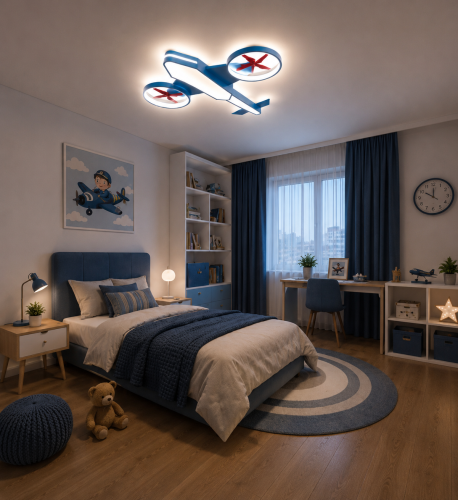 Lampa Dziecięca LED AeroDrone 3D Plafon Sufitowy Niebieski Dron z Czerwonymi Śmigłami