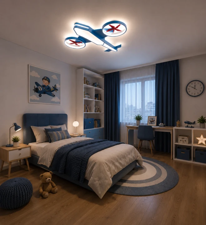 Lampa Dziecięca LED AeroDrone 3D Plafon Sufitowy Niebieski Dron z Czerwonymi Śmigłami
