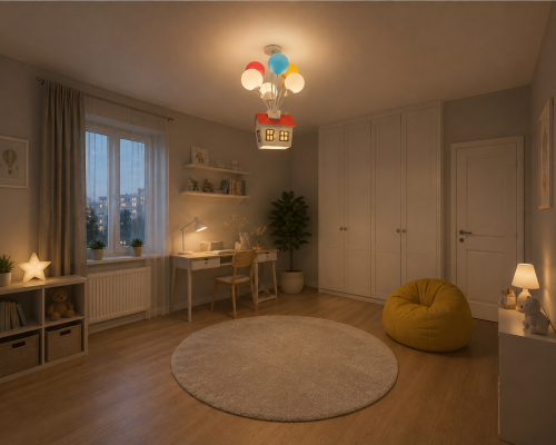 Lampa Dziecięca LED Up House 3D 70W Żyrandol Wiszący Bajkowy Odlot na Balonach + Pilot