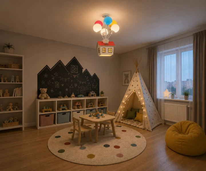 Lampa Dziecięca LED Up House 3D 70W Żyrandol Wiszący Bajkowy Odlot na Balonach + Pilot