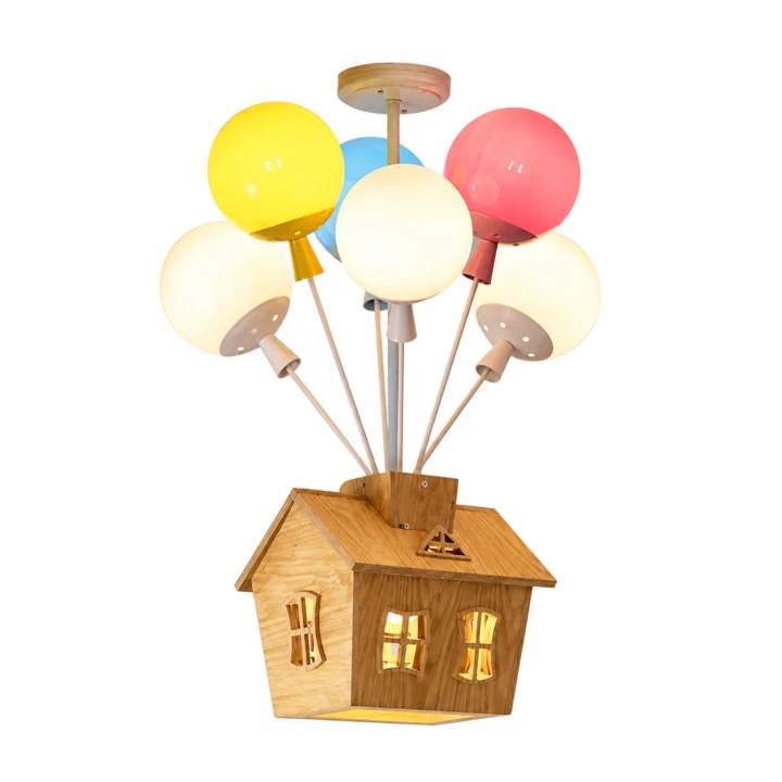 Lampa Dziecięca LED Up House Wood 3D Żyrandol Wiszący Drewniany Bajkowy Odlot na Balonach + Pilot