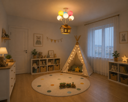 Lampa Dziecięca LED Up House Wood 3D Żyrandol Wiszący Drewniany Bajkowy Odlot na Balonach + Pilot