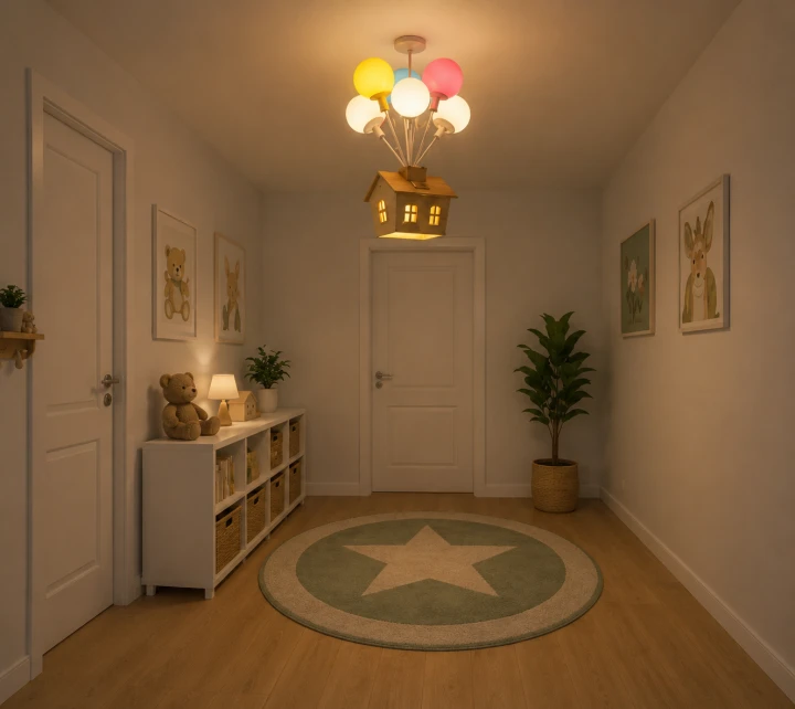 Lampa Dziecięca LED Up House Wood 3D Żyrandol Wiszący Drewniany Bajkowy Odlot na Balonach + Pilot