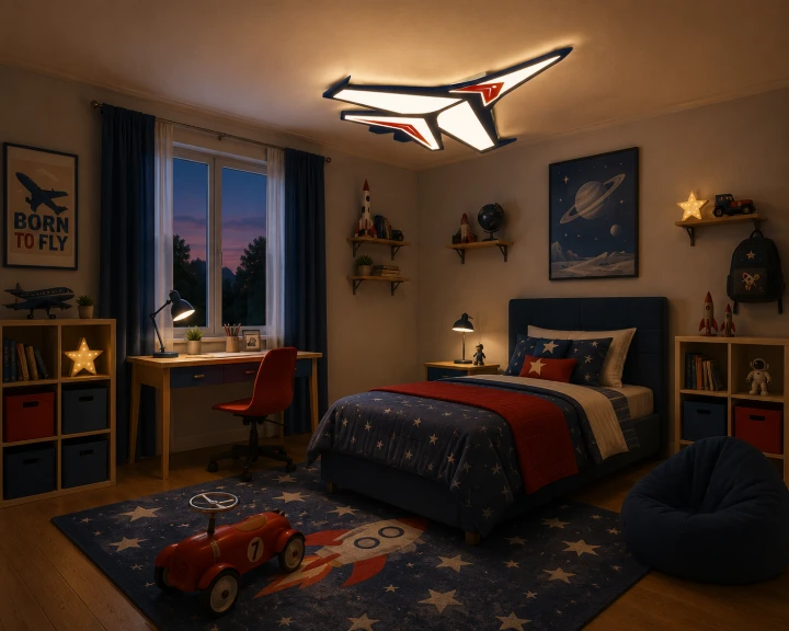 Lampa Dziecięca LED Jet Fighter 3D Plafon Sufitowy Granatowy Myśliwiec Odrzutowiec + Pilot