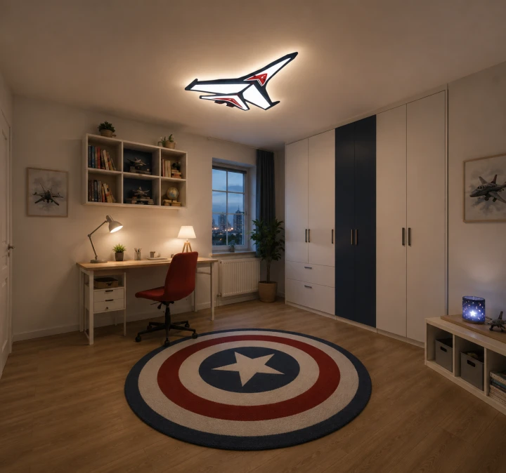 Lampa Dziecięca LED Jet Fighter 3D Plafon Sufitowy Granatowy Myśliwiec Odrzutowiec + Pilot