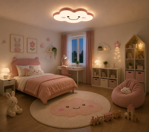 Lampa Dziecięca LED Happy Cloud 3D 32W Plafon Uśmiechnięta Chmurka Pudrowy Róż