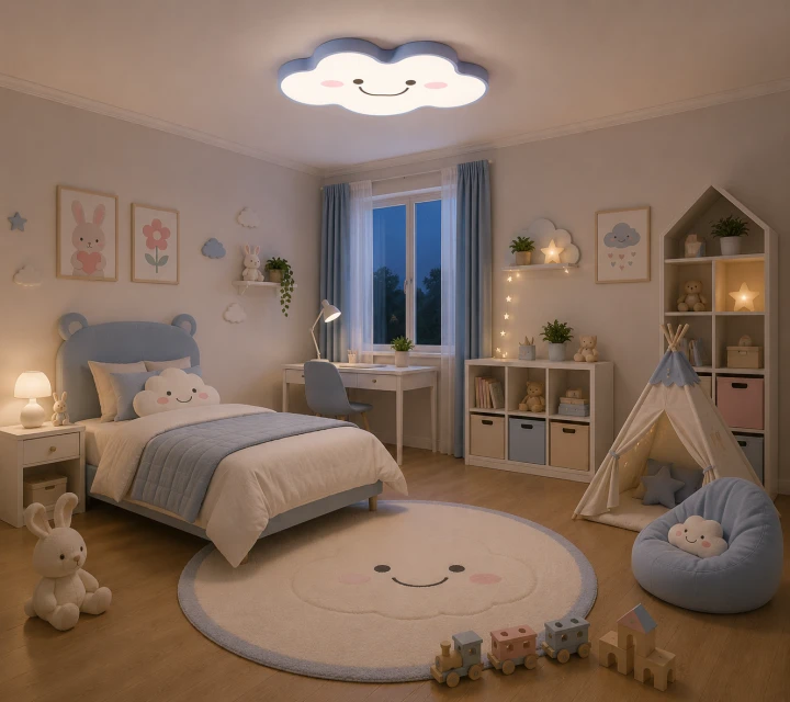 Lampa Dziecięca LED Happy Cloud 3D 32W Plafon Uśmiechnięta Chmurka Pastelowy Błękit