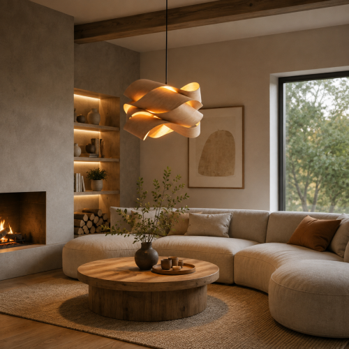 Lampa Wisząca Drewniana Wood Craft 45cm Designerski Żyrandol Boho Japandi